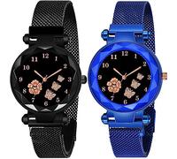 CERO Orologio analogico da donna con cinturino Mgnetic con quadrante a farfalla e fiore, Nero-Blu, Moderno