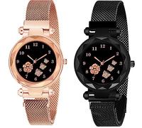 CERO Orologio analogico da donna con cinturino Mgnetic con quadrante a farfalla e fiore, Nero-Oro, Moderno