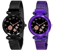 CERO Orologio analogico da donna con cinturino Mgnetic con quadrante a farfalla e fiore, Nero-Viola