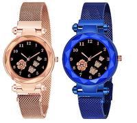 CERO Orologio analogico da donna con cinturino Mgnetic con quadrante a farfalla e fiore, Oro-Blu, Moderno