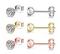 Cerslimo - Set di 3 paia di orecchini a perno in argento Sterling con zirconia cubica rotonda da 4 mm, in oro rosa 14 carati, per donne, uomini e ragazze e Argento,rose Gold*1, cod. 010d-4ABC