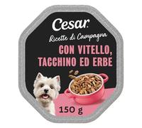 Cesar Ricette di Campagna 14 x 150 g Vaschetta per cani adulti, con vitello, erbe aromatiche e bocconcini di tacchino in salsa (Confezione da 14)