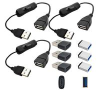 CESFONJER Cavo di prolunga USB con interruttore 0,3 m - Accensione/spegnimento, kit da 3 con adattatori (6 pezzi), cavo di alimentazione per LED/PC/telefono/tutti dispositivi USB-C