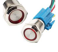 CESFONJER Interruttore a pulsante autobloccante, 12V 3A Interruttore Automatico, Impermeabile Pulsante Interruttore Pulsante in Acciaio Inossidabile 19 mm Anello LED con Connettore (Rosso)