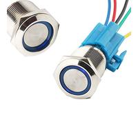 CESFONJER Interruttore a pulsante autobloccante, 12V 5A Interruttore Automatico, Impermeabile Pulsante Interruttore Pulsante in Acciaio Inossidabile 19 mm Anello LED con Connettore (Blu)
