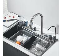 Cesinkin Lavello da cucina multifunzione ad alta pressione, beccuccio estraibile e puro risciacquo, con scolapiatti, 1 vassoio 75 x 45 x 22 cm, in acciaio inox