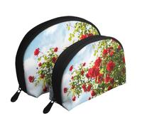 Cespuglio di rose rosse stampato, Borsa per trucco a conchiglia Portamonete da donna Borsa da toilette piccola Borsa per cosmetici 2 pezzi