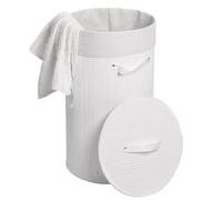 Cesta borsa portabiancheria bagno elegante HWC-C21 legno bambù 50l - bianco