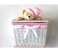 Cesta in vimini orso rettangolare rosa con coperchio 42 x 33 cm