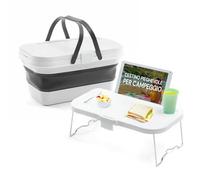 Cesta Picnic Pieghevole con Piano d'Appoggio - Cestino Pieghevole per Spiaggia e Campeggio, in Polipropilene, 16L, Bianco e Grigio, 47.3x9-24.5x29cm