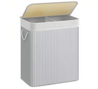 Cesta Porta Biancheria in BambÙ, Cesto per Lavanderia con 2 Sezioni, Coperchio e Sacco Interno Rimovibile, Manici in Cotone, CapacitÀ di 100 Litri, per Lavanderia e Camera, Grigio [Pin il coperchio] L