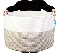 Cesta portaoggetti Casaphoria in corda di cotone, misura XXXL, per soggiorno, con manico, per coperte, asciugamani e cuscini, cesto per la biancheria, bianco e marrone (55,9 cm x 55,9 cm x 35,6 cm)