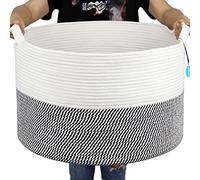 Cesta portaoggetti Casaphoria in corda di cotone, misura XXXL, per soggiorno, con manico, per coperte, asciugamani e cuscini, cesto per la biancheria, bianco e grigio (55,1 cm x 55,1 cm x 35,1 cm)