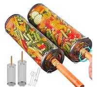 Cestello girevole in acciaio inox, set da 2 pezzi, girevole, accessorio per barbecue per verdure, pesce, carne, gamberetti, patatine fritte, cestino cilindrico per barbecue con manico rimovibile per
