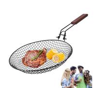 Cestello Grill Pieghevole - Griglia Barbecue Acciaio - Piastra Tonda Con Manico Legno | Cestino Frittura Per Verdure Carne Pesce | Accessorio BBQ Esterno Facile Da Pulire