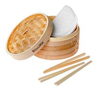 Cestello per Cottura a Vapore con 2 Piani e Coperchio - Cestello Bambù 25cm - Vaporiera Bambu, Pentola per Cottura Vapore con 2 Paia Bacchette, 1 Pinza, 50 Fogli di Cera - BlauKe®