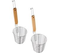 cestello per frittura, 2 cestini for pasta in rete con manico in legno