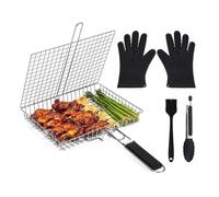 Cestello per Griglia in Acciaio Inossidabile Resistente per Pesce, Carne, Verdure, Set di Cestelli Griglia con Guanti Silicone, Pinza e Pennello, Accessories BBQ per Grigliata all'Aperto, Campeggio
