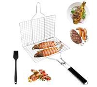 Cestello per Grigliare Barbecue, Cestello per Barbecue, Cestello per Griglia per Barbecue Portatile, Cestino da Barbecue Pieghevole con Spazzole, per Pesce, Bistecca, Gamberi, Verdure (54 * 22cm)