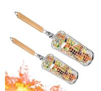 Cestello per grill rotolante, cesti per grill rotolante nidio - Cestino per grigliate all'aperto,Set di 2 strumenti per grigliare in acciaio inossidabile con manico in legno per il campeggio esterno a