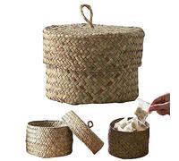 Cesti portaoggetti in alghe marine, piccoli cestini portaoggetti in alghe marine con coperchio, scatola rotonda paglia con manico, cestino vimini, organizzazione domestica per snack, chiav