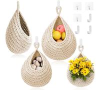 Cestini da appendere per la cucina, confezione da 3 cesti da appendere alla parete, con 6 ganci resistenti, intrecciati a mano, per conservare frutta e verdura, patate e cipolle, colore: bianco