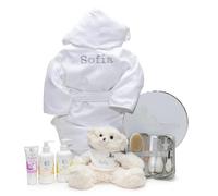 Cestini per neonati cosmetici naturali ricamati con il nome | Set astuccio con tutto il necessario per la cura e il bagno del bambino | bianco | | BebeDeParis