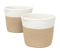 Cestini Portaoggetti 2pz Beige e Bianco 24x18 cm in Cotone | Corde intrecciate, 60% cotone 40% poliestere, pieghevole, 2 maniglie, uso multiuso, lavaggio a mano