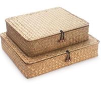 Cestini portaoggetti in alghe marine con coperchi, cesto piatto in vimini, cestino in tessuto poco profondo per scaffale, scatole decorative per organizzare (naturale)