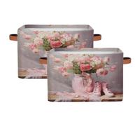 Cestini portaoggetti per scaffali, confezione da 2, in morbida garza, con fiori rosa e scarpe da ballo, in tessuto, con manici, scatole portaoggetti per organizzare vestiti, giocattoli, libri