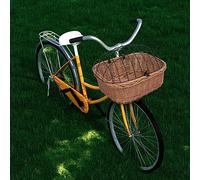 Cestino anteriore per bicicletta con coperchio, in vimini naturale, 50 x 45 x 35 cm, stabile, per animali domestici e trasporto, rimovibile, con supporto in ferro per la spesa e il portapacchi