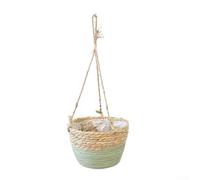 Cestino da appendere per interni e cestino da giardino esterno combinato in un design intrecciato utilizzando la tradizionale paglia e corda di canapa artigianale (verde)
