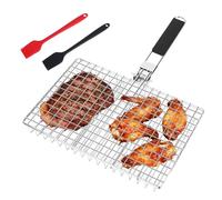 Cestino da Barbecue Pieghevole,Cestino Portatile per Barbecue con 2 Spazzole in Silicone,Cestello per Griglia in Acciaio Inox,Per il campeggio e grigliate, pesce, verdure, gamberi