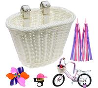 Cestino da bicicletta intrecciato per ragazze e bambini anteriore con cinghie in pelle, stelle filanti, campanello, mulini a vento