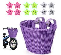 Cestino da bicicletta per bambini, cestino da manubrio per bambini, cestino da bicicletta intrecciato per bambini nella parte anteriore, cestino da bicicletta in rattan rimovibile con stelle luminose