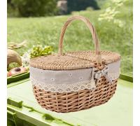 Cestino da picnic in vimini con coperchio e manico pratico per campeggio