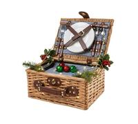 Cestino da Picnic in Vimini per 2 Persone con Scompartimento Isotermico e Accessori Inclusi - Fantasia a Quadretti Blu, 34,5 x 26 x 16 cm