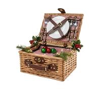 Cestino da Picnic in Vimini per 2 Persone con Scompartimento Isotermico e Accessori Inclusi - Fantasia a Quadretti Rossi, 34,5 x 26 x 16 cm