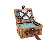 Cestino da Picnic in Vimini per 2 Persone con Scompartimento Isotermico e Accessori Inclusi - Fantasia a Quadretti Verdi, 34,5 x 26 x 16 cm