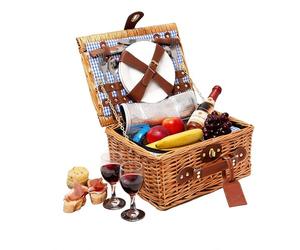 Cestino da Picnic in Vimini per 2 Persone con Scompartimento Isotermico e Accessori Inclusi - Fantasia a Quadretti Blu, 34,5 x 26 x 16 cm
