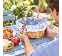 Cestino da picnic in vimini, realizzato a mano, con cappuccio rosso | Cestino in vimini vintage con fodera in pizzo a quadretti, manico robusto, adatto per snack, frutta e oggetti di scena per
