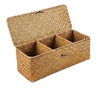 Cestino di vimini con coperchio, 13x5x4 cesto di stoccaggio a 3 sezioni, rotolo di toilette intrecciati rettangolari per trucco per i giocattoli per snack organizzanti desktop