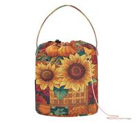 Cestino in vimini autunnale con zucche e girasole, borsa per filato piccola con fori all'uncinetto, per organizzatori artigianali a maglia all'uncinetto