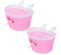 Cestino Intrecciato per Bici Bambino Bambina con Fiocco Rosa, 2 Pezzi | Plastica, Bordo Delicato e Tracolla Regolabile, per Bici senza Pedali Bambine, Scuola e Zona Residenziale