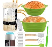 Cestino Pane Lievitazione, Set di 2 Cestini da Lievitazione per Pane in Silicone, Rotondo da 24cm e Ovale da 25cm, Cestini Pieghevoli per Pane, Kit Completo per Panificazione e Lievito Madre (Verde)