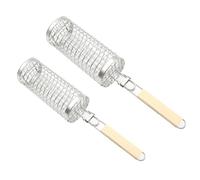 Cestino per barbecue - Cestini per griglia in acciaio inox | Griglia a rete | Set di 2 attrezzi pieghevoli per barbecue con manico in legno per verdure e gamberetti
