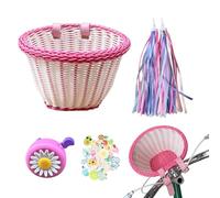Cestino per bicicletta in vimini per bicicletta per bambini, cestino per bici in vimini a forma di D, decorazione per bici per bambini e bambine, streamer per biciclette, adesivi con cartoni animati