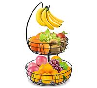Cestino per Frutta a 2 Ripiani, Portafrutti in Metallo Con Porta Banana, Contemporaneo, Colore: Nero
