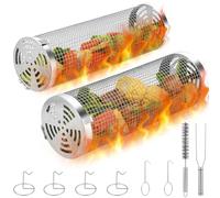 Cestino per Grigliare Rotante, Banaone 2 Pz Cestini per Barbecue Rotondi in Acciaio Inox con Staffa, Spazzola per la Pulizia, Tubo a Rete per BBQ da Campeggio All'aperto Portatile per Carne, Verdure