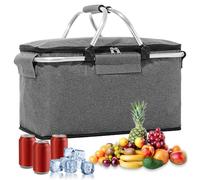 Cestino per la spesa pieghevole, 18 l, termico come cestino da picnic, cestino per la spesa con coperchio, maniglie in alluminio e chiusura lampo, cestino per la spesa per viaggi, picnic, shopping